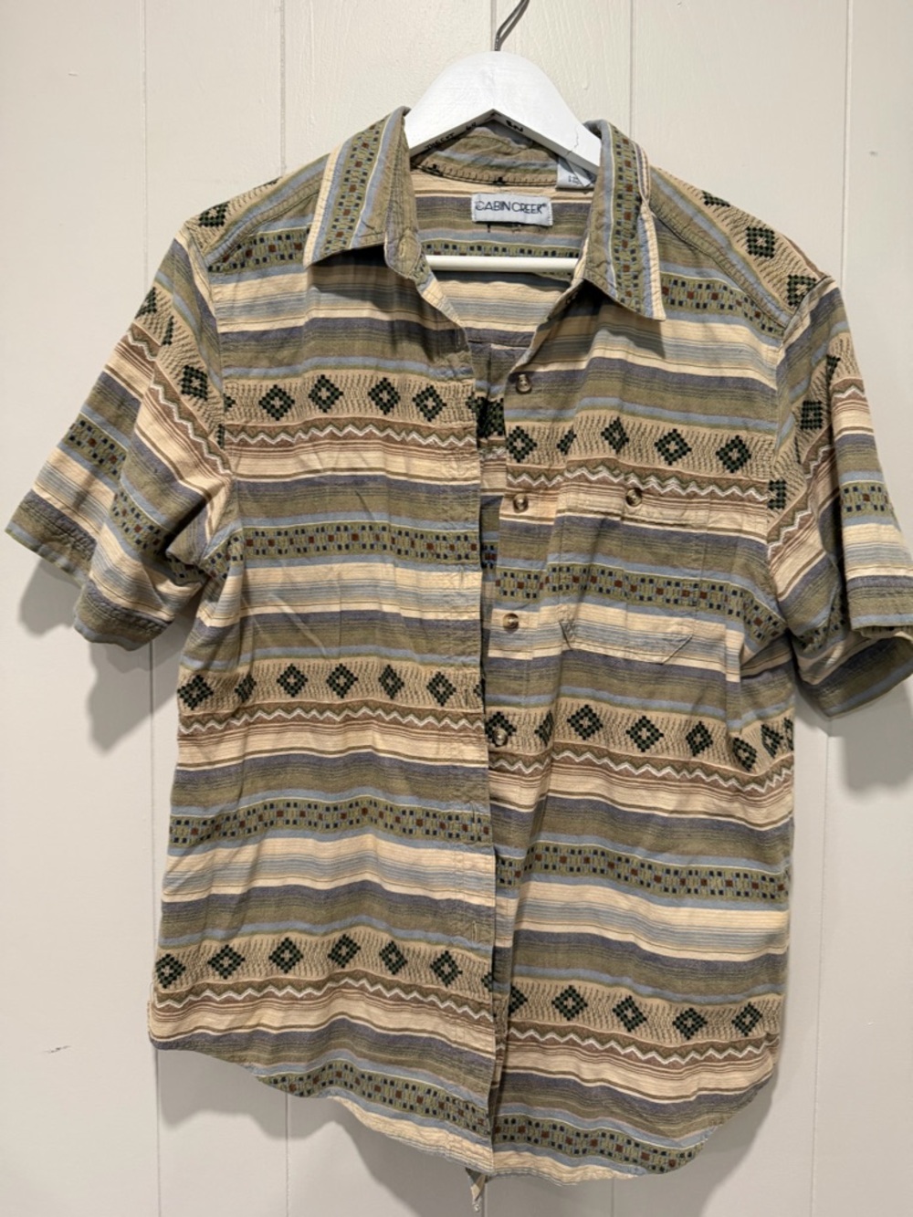 Cabin Creek Short Sleeve Geo Stripe Shirt in Beige and Olive